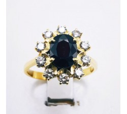 Bague Saphir entourage Diamants Or Jaune 750 - 18 carats (Bijou d'occasion)