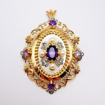 Broche Pendentif Ancien Améthystes, Perles et Diamants Or jaune 18 carats (Bijou occasion)