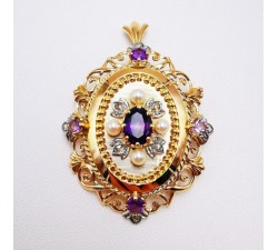 Broche Pendentif Ancien Améthystes, Perles et Diamants Or jaune 18 carats (Bijou occasion)