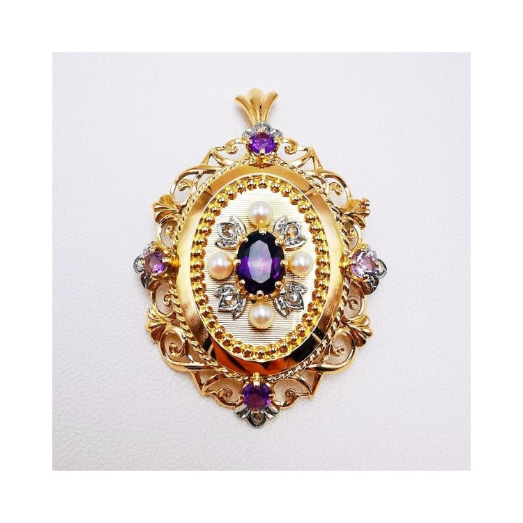 Broche Pendentif Ancien Améthystes, Perles et Diamants Or jaune 18 carats (Bijou occasion)