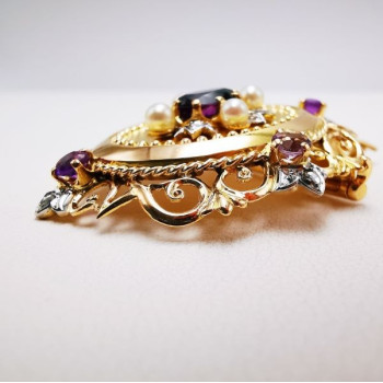 Broche Pendentif Ancien Améthystes, Perles et Diamants Or jaune 18 carats (Bijou occasion)