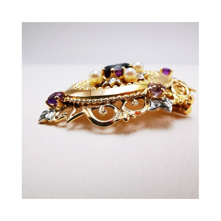 Broche Pendentif Ancien Améthystes, Perles et Diamants Or jaune 18 carats (Bijou occasion)
