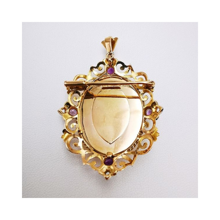 Broche Pendentif Ancien Améthystes, Perles et Diamants Or jaune 18 carats (Bijou occasion)
