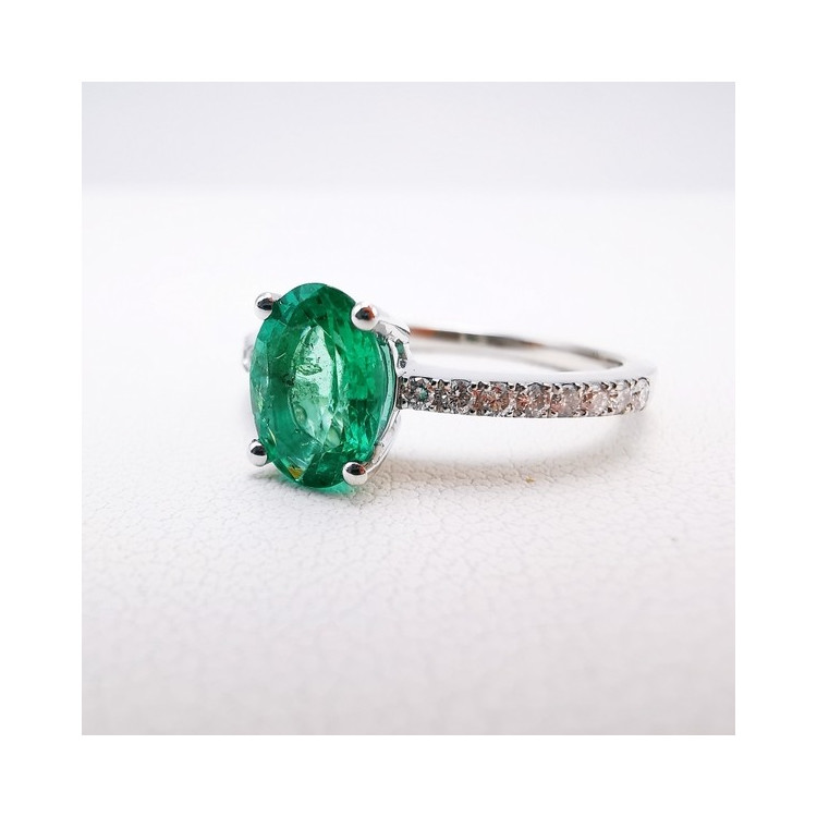 Bague Emeraude Diamants Or Blanc 750 - 18 carats