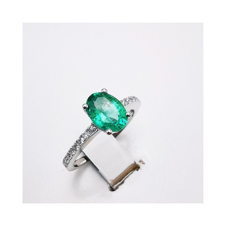 Bague Emeraude Diamants Or Blanc 750 - 18 carats