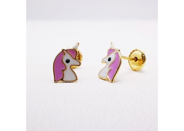Boucles D'oreilles Enfant En Or 9 Carats - Motif Licorne émaillée - Coffret Cadeau Avec Certificat De Garantie