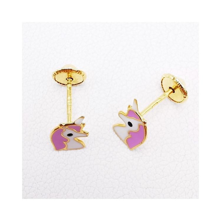 Boucles d'Oreilles Enfants Puces Licorne Or Jaune 750 - 18 carats