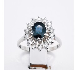 Bague Marguerite Saphir Entourage Diamants Or Blanc 750 - 18 carats (Bijou d'occasion)