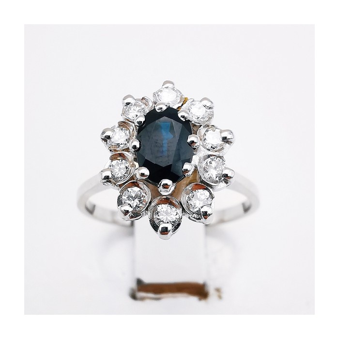 Bague Marguerite Saphir Entourage Diamants Or Blanc 750 - 18 carats (Bijou d'occasion)