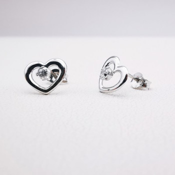 Boucles d'Oreilles Puces Cœur Oxydes de Zirconium Or Blanc 750 - 18 carats