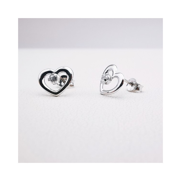 Boucles d'Oreilles Puces Cœur Oxydes de Zirconium Or Blanc 750 - 18 carats