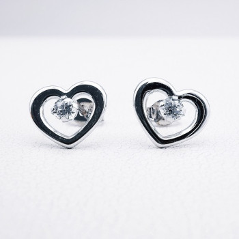Boucles d'Oreilles Puces Cœur Oxydes de Zirconium Or Blanc 750 - 18 carats
