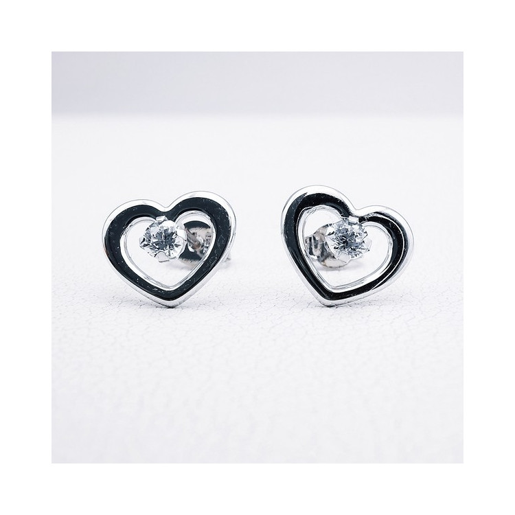 Boucles d'Oreilles Puces Cœur Oxydes de Zirconium Or Blanc 750 - 18 carats