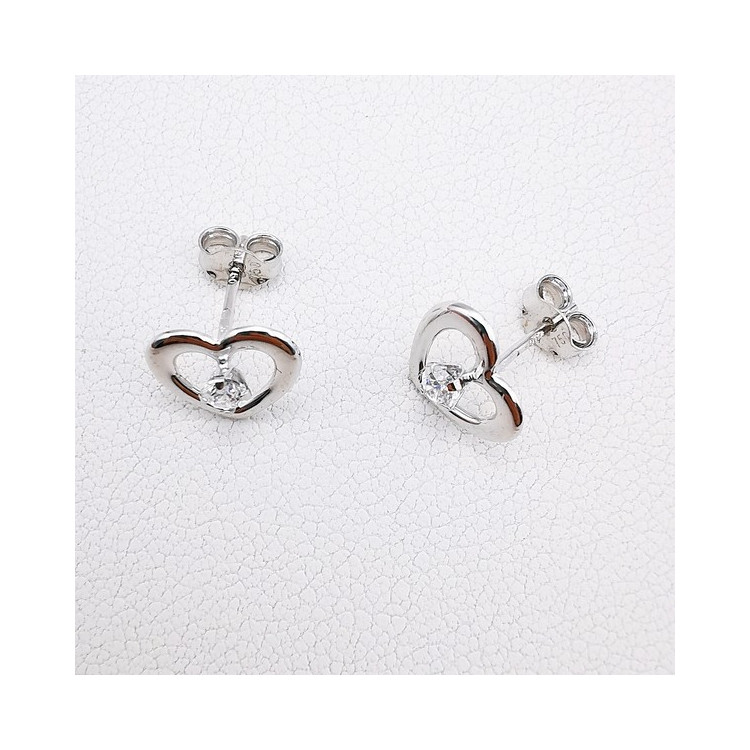 Boucles d'Oreilles Puces Cœur Oxydes de Zirconium Or Blanc 750 - 18 carats