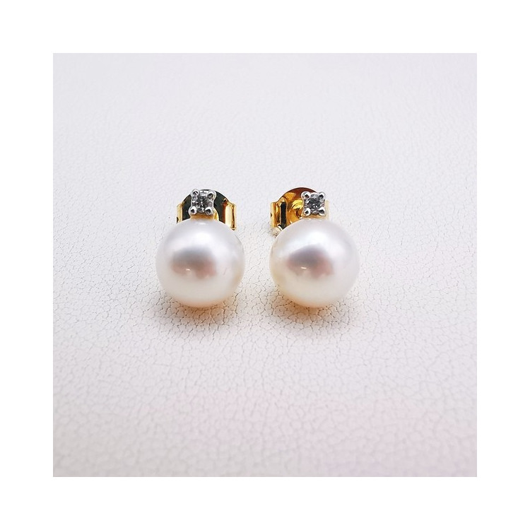Boucles d'oreilles Puces Perle Diamant Or Jaune 750 - 18 carats