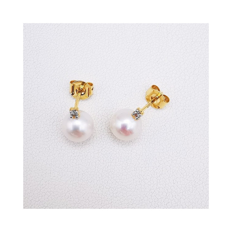 Boucles d'oreilles Puces Perle Diamant Or Jaune 750 - 18 carats