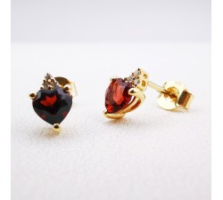 Boucles d'oreilles Grenat cœur et Diamants Or Jaune 750 - 18 carats