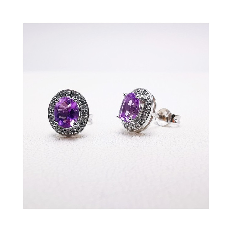 Boucles d'oreilles Améthyste et Oxydes de zirconium Or Blanc 750 - 18 carats