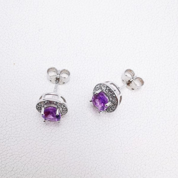 Boucles d'oreilles Améthyste et Oxydes de zirconium Or Blanc 750 - 18 carats