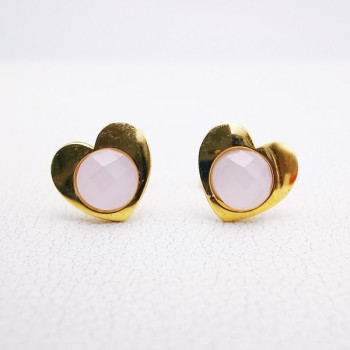 Boucles d'Oreilles Puces Cœur Quartz Rose Or Jaune 750 - 18 carats