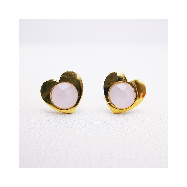 Boucles d'Oreilles Puces Cœur Quartz Rose Or Jaune 750 - 18 carats