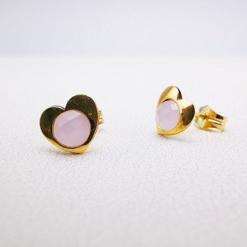 Boucles d'Oreilles Puces Cœur Quartz Rose Or Jaune 750 - 18 carats