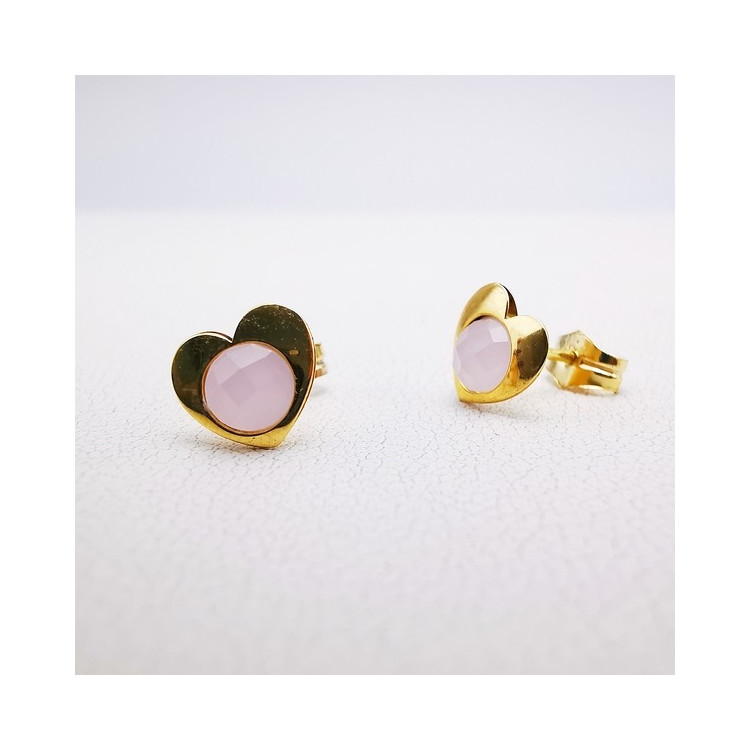 Boucles d'Oreilles Puces Cœur Quartz Rose Or Jaune 750 - 18 carats