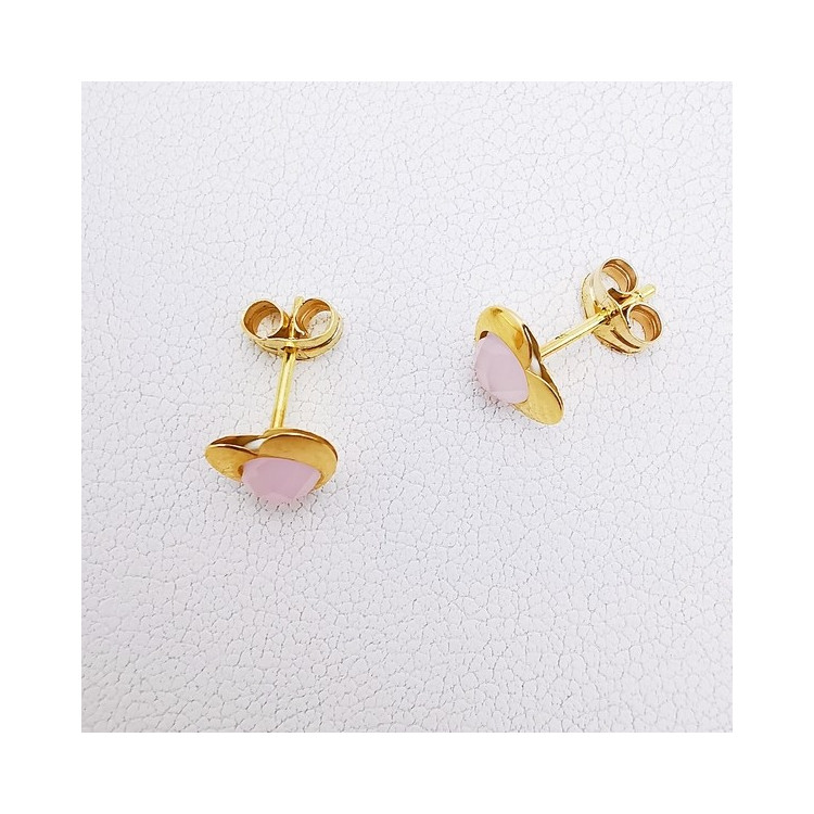 Boucles d'Oreilles Puces Cœur Quartz Rose Or Jaune 750 - 18 carats