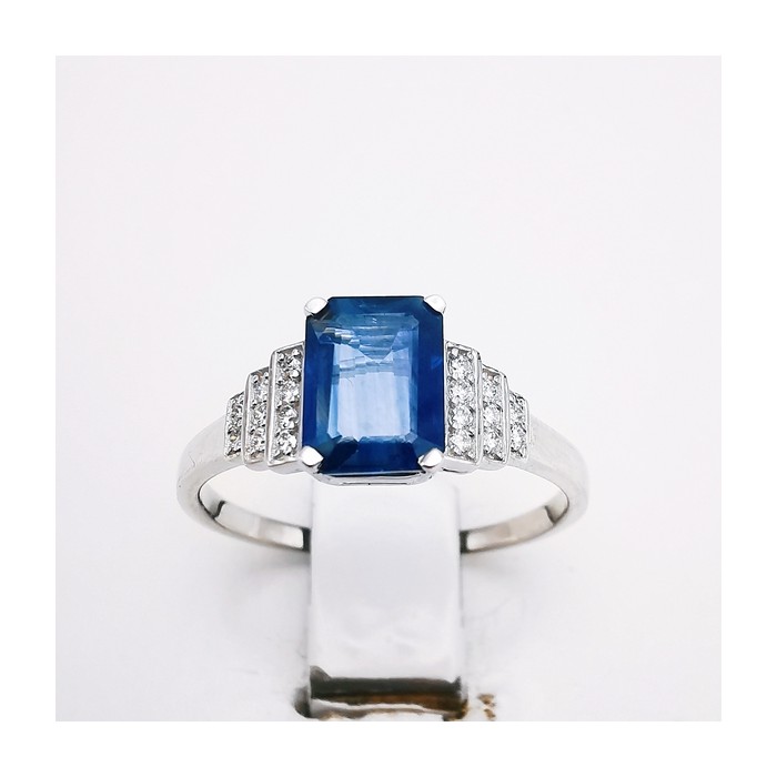 Bague Saphir Diamants Art Déco Or Blanc 750 - 18 carats