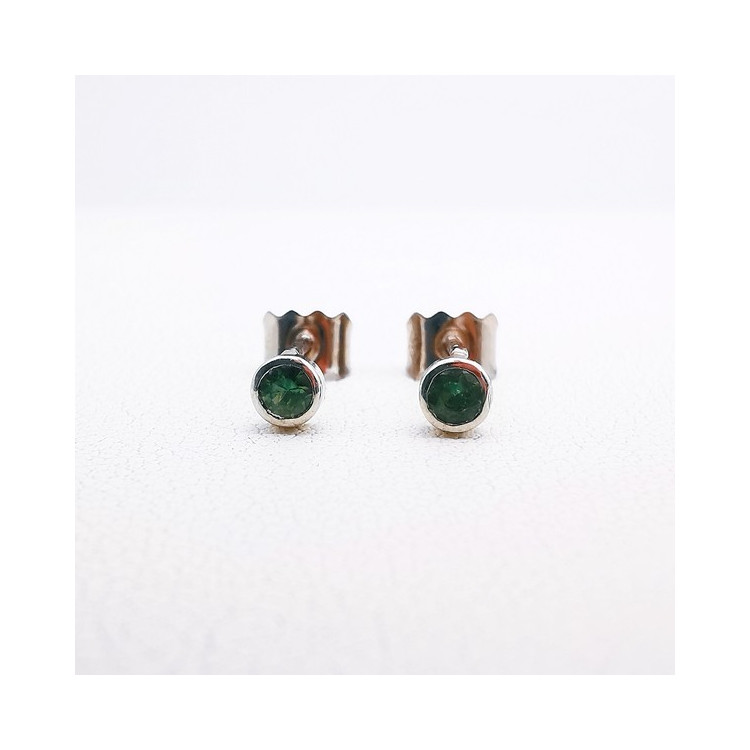 Boucles d'Oreilles Puces "Emotion" Saphir Vert Or Blanc 750 - 18 carats