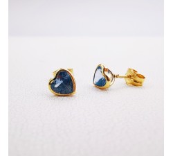 Boucles d'Oreilles Coeur Oxydes de Zirconium Bleu Or Jaune 750 - 18 carats
