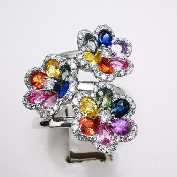 Bague Fleurs Trio Multicolore Saphirs Diamants Ligne Vendôme Or blanc 750 - 18 carats