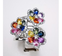 Bague Fleurs Trio Multicolore Saphirs Diamants Ligne Vendôme Or blanc 750 - 18 carats