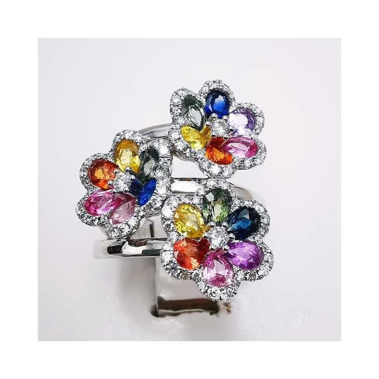 Bague Fleurs Trio Multicolore Saphirs Diamants Ligne Vendôme Or blanc 750 - 18 carats