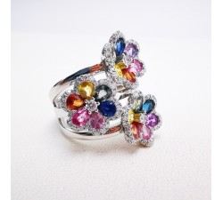 Bague Fleurs Trio Multicolore Saphirs Diamants Ligne Vendôme Or blanc 750 - 18 carats