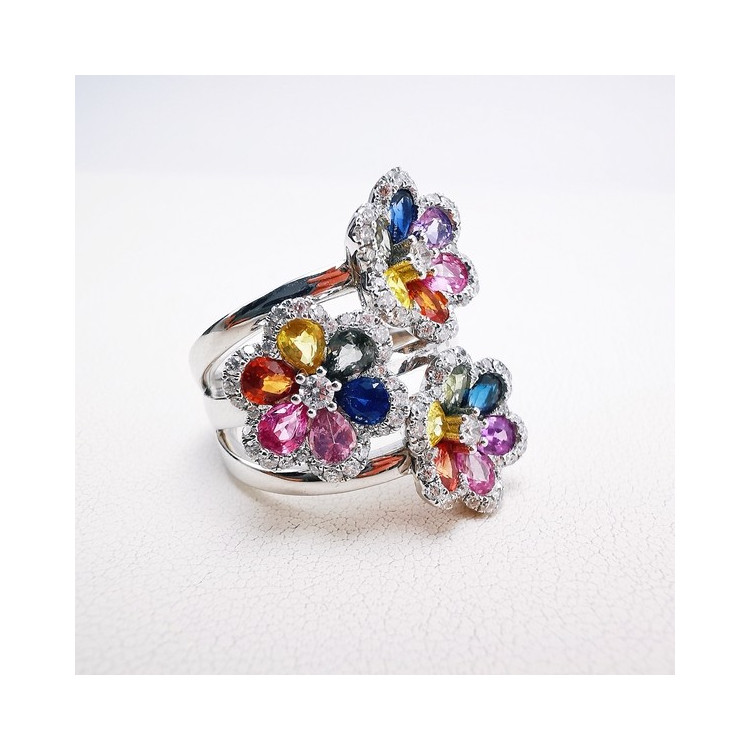 Bague Fleurs Trio Multicolore Saphirs Diamants Ligne Vendôme Or blanc 750 - 18 carats