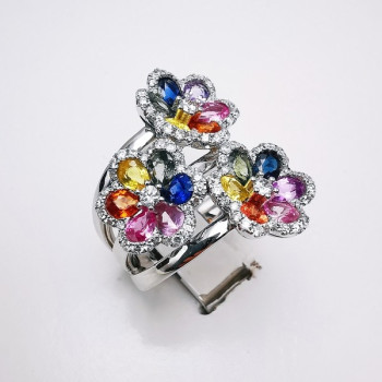 Bague Fleurs Trio Multicolore Saphirs Diamants Ligne Vendôme Or blanc 750 - 18 carats