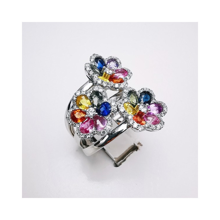 Bague Fleurs Trio Multicolore Saphirs Diamants Ligne Vendôme Or blanc 750 - 18 carats