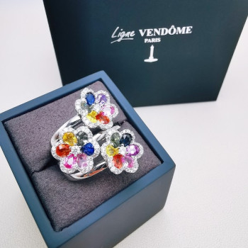 Bague Fleurs Trio Multicolore Saphirs Diamants Ligne Vendôme Or blanc 750 - 18 carats
