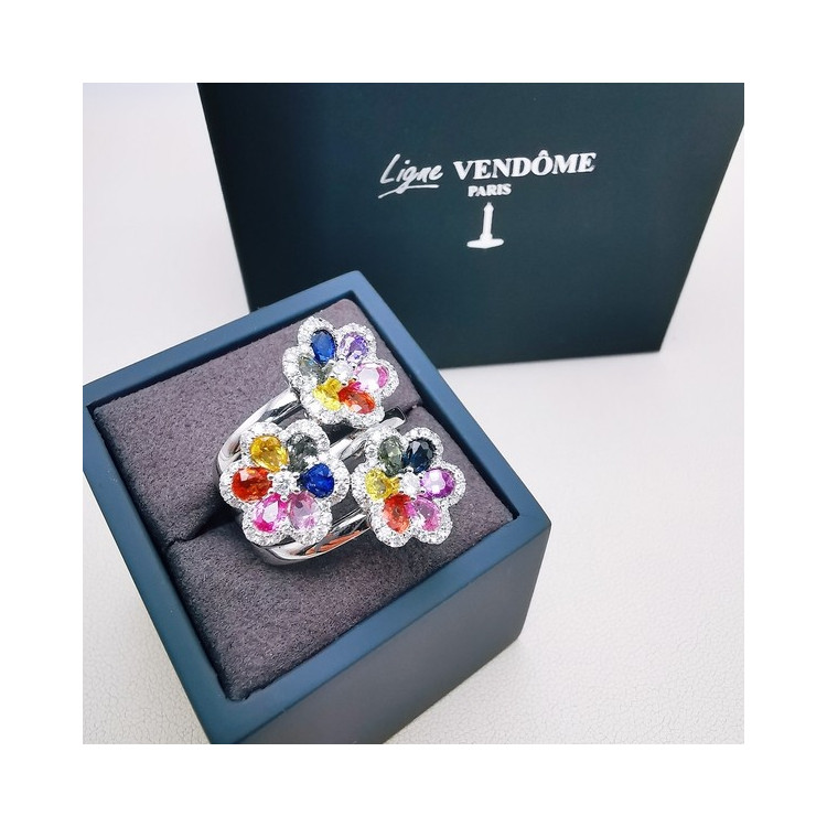 Bague Fleurs Trio Multicolore Saphirs Diamants Ligne Vendôme Or blanc 750 - 18 carats