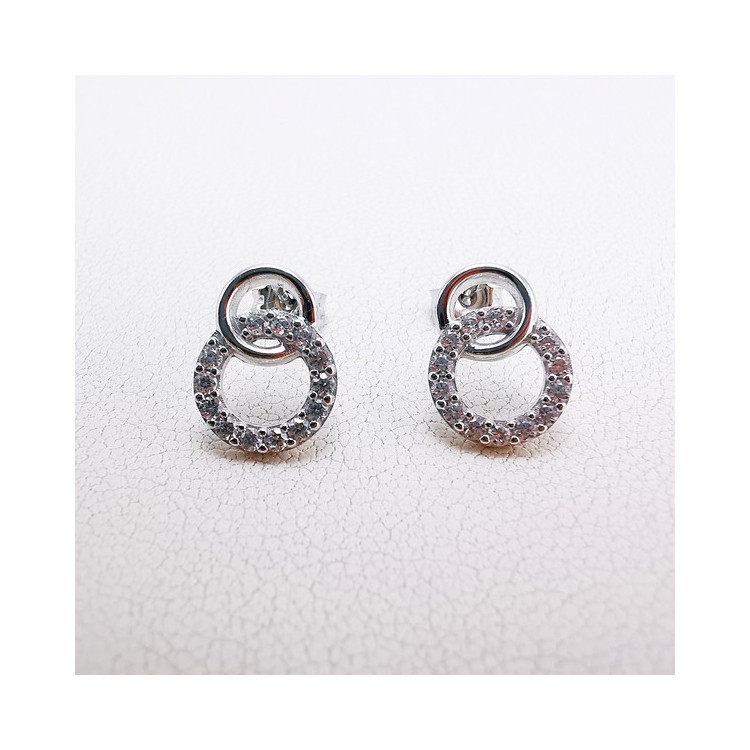 Boucles d'Oreilles Double Cercles Oxydes de Zirconium Or Blanc 750 - 18 carats