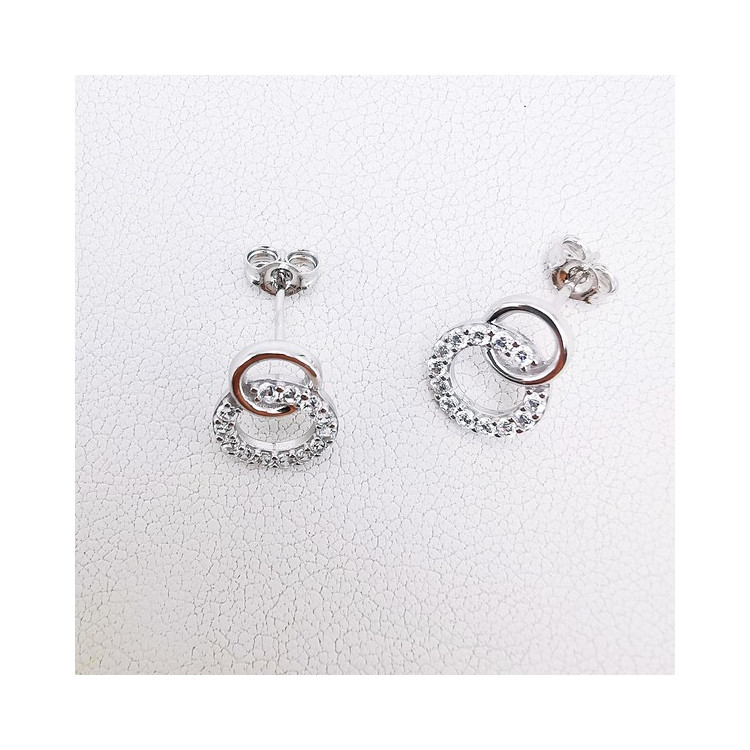 Boucles d'Oreilles Double Cercles Oxydes de Zirconium Or Blanc 750 - 18 carats