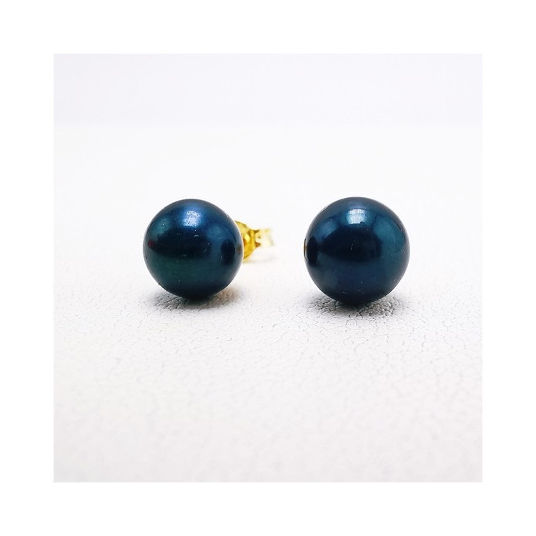 Boucles d'Oreilles Puces Perles noires Or Jaune 750 - 18 carats
