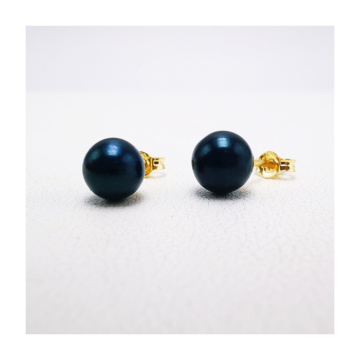 Boucles d'Oreilles Puces Perles noires Or Jaune 750 - 18 carats