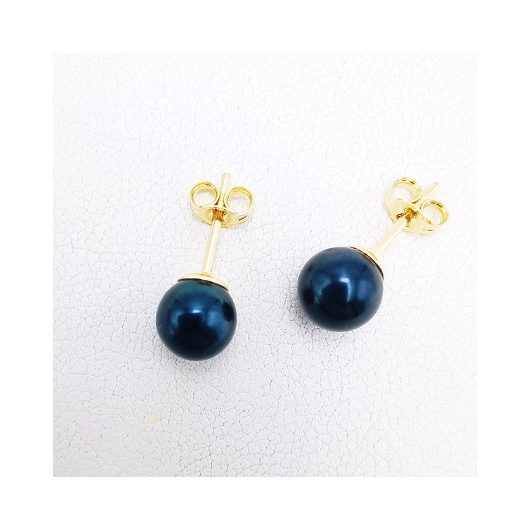 Boucles d'Oreilles Puces Perles noires Or Jaune 750 - 18 carats