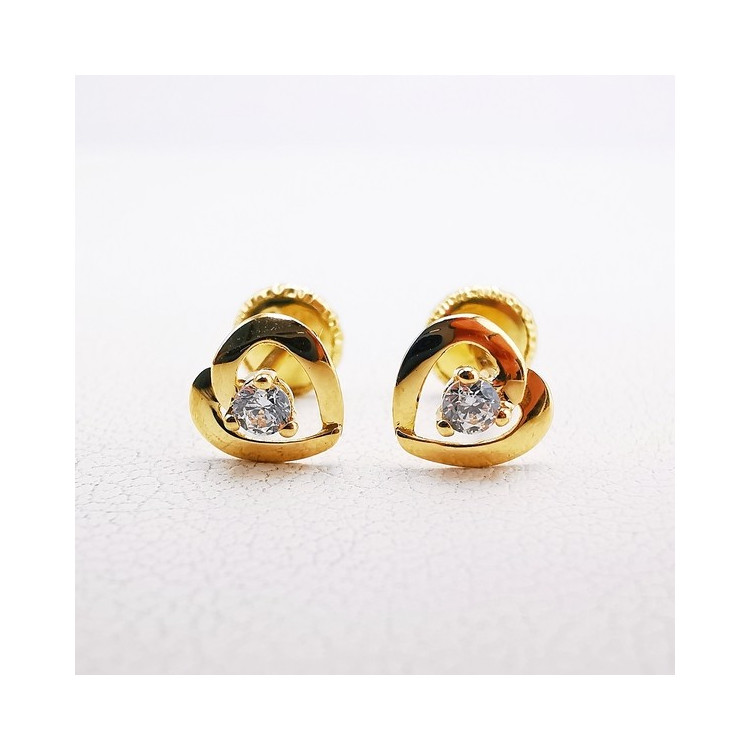 Boucles d'Oreilles Enfants Puces Cœurs Oxyde de Zirconium Or Jaune 750 - 18 carats