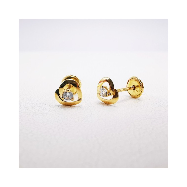 Boucles d'Oreilles Enfants Puces Cœurs Oxyde de Zirconium Or Jaune 750 - 18 carats