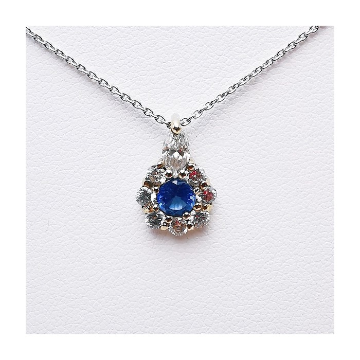 Collier "Lady Marquise" Saphir Bleu entourage Diamants de Synthèse Or Blanc 750 - 18 carats