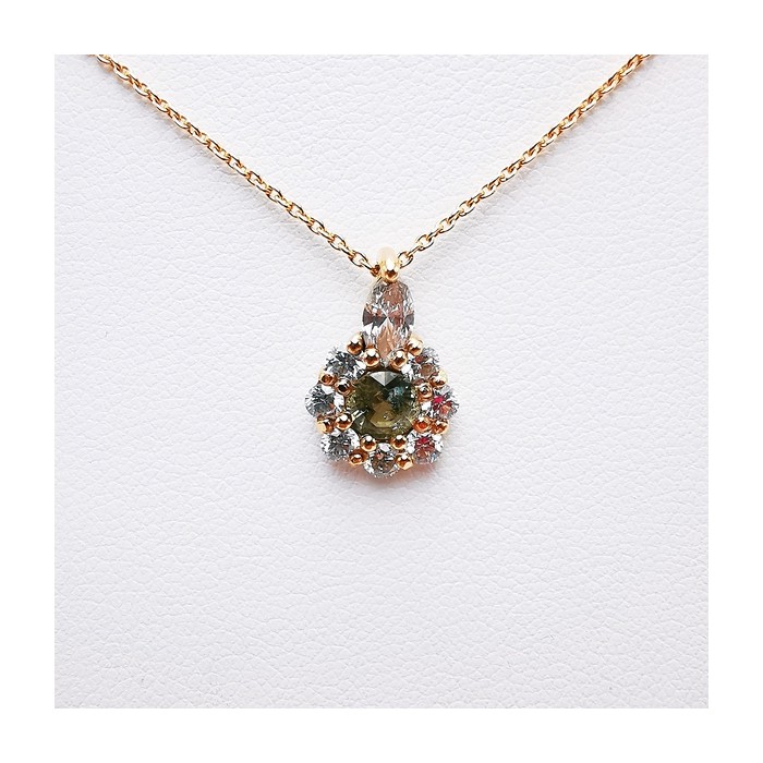 Collier "Lady Marquise" Saphir Vert entourage Diamants de Synthèse Or Rose 750 - 18 carats