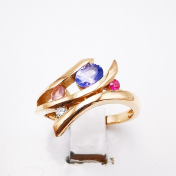 Bague Multipierres Tanzanite, Spinelle, Tourmaline et Diamant Or Rose 750 - 18 carats